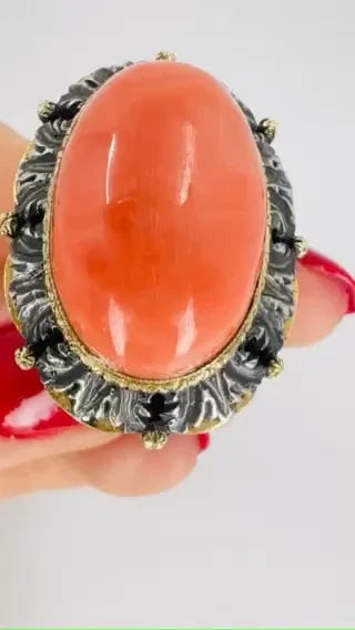 MARIO BUCCELLATI RING VINTAGE CORAL SILVER GOLD ESTATE JEWELRY: MARIO BUCCELLATI RING VINTAGE CORAL SILVER GOLD ESTATE JEWELRY Vintage Mario Buccellati Coral Silver 18k Gold Ring A Mario Buccellati ring featuring coral, mounted in silver with gold accents. This vi