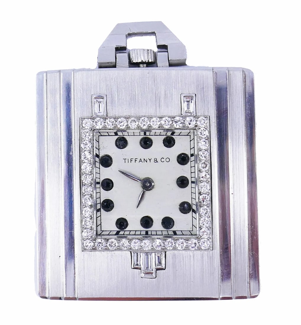 VINTAGE TIFFANY & CO. POCKET WATCH PENDANT PLATINUM DIAMOND ESTATE JEWELRY: VINTAGE TIFFANY & CO. POCKET WATCH PENDANT PLATINUM DIAMOND ESTATE JEWELRY VK ITOO TIFFANY & Co. Platinum Diamond Pocket Watch Pendant A rare vintage Tiffany & Co. Art Deco Revival pocket watch made i