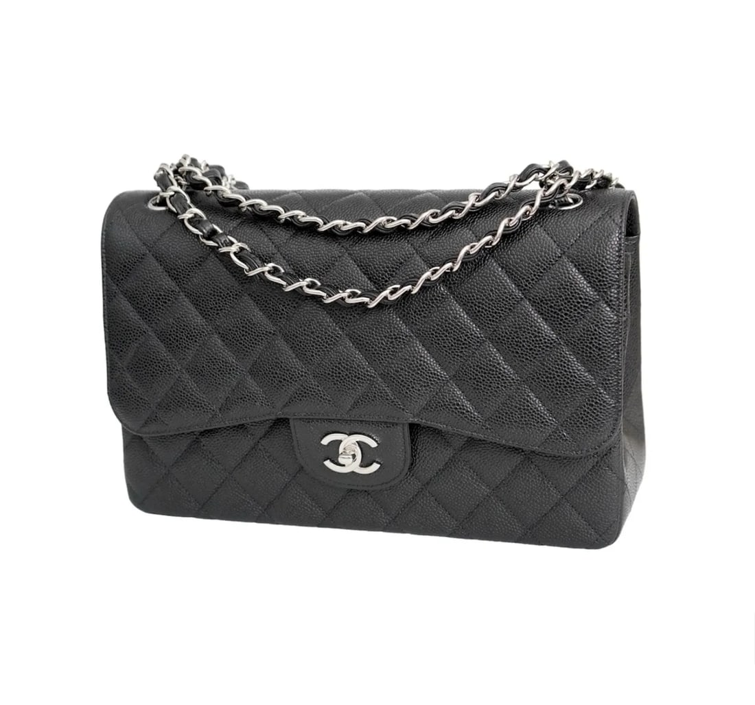CHANEL JUMBO CAVIAR LEATHER BLACK CLASSIC FLAP BAG: CHANEL JUMBO CAVIAR LEATHER BLACK CLASSIC FLAP BAG KL JONOA Chanel Jumbo Caviar Leather Black Classic Flap Bag. Silver Hardware - Perfect condition - New with box Depth: 3.25 Length: 12” Height: