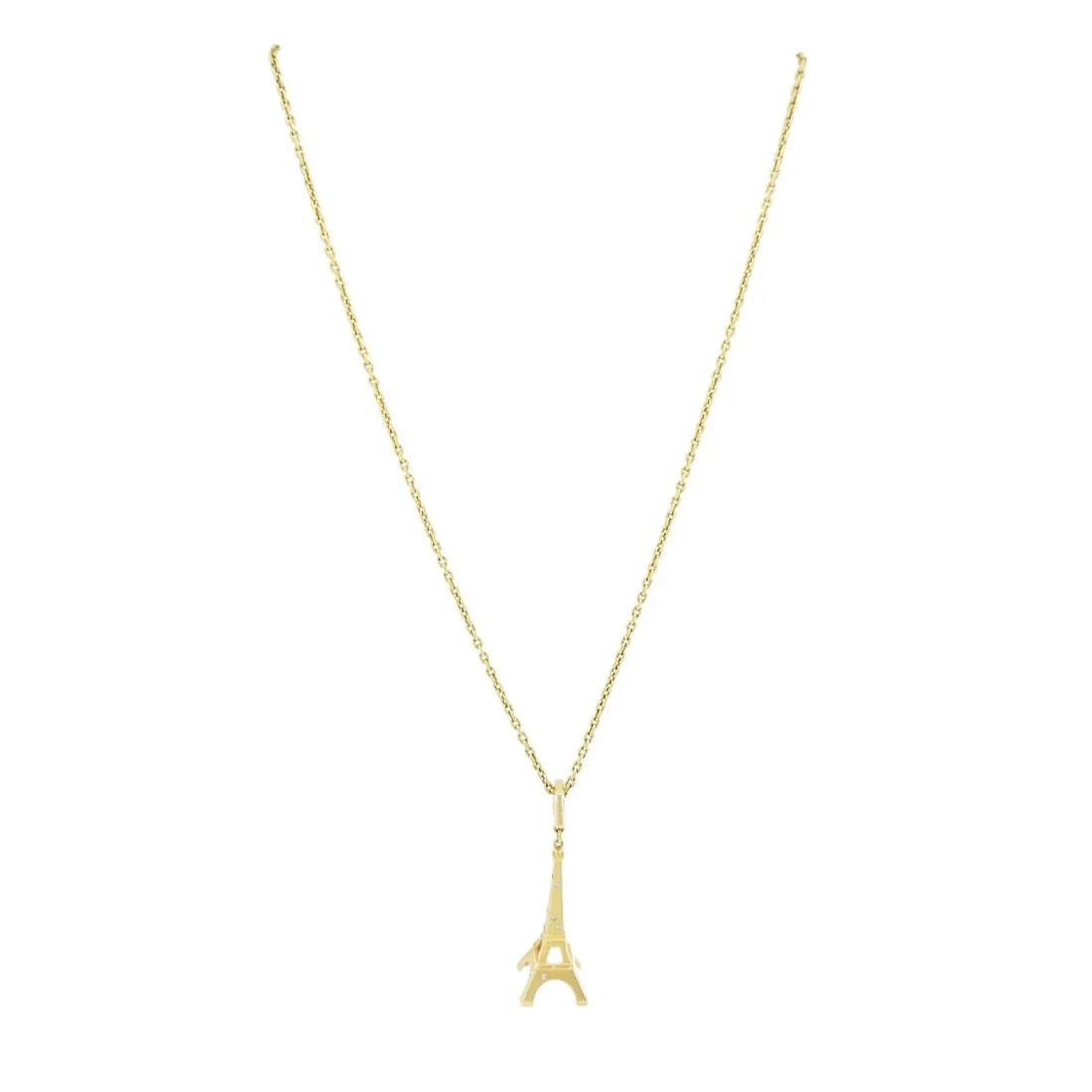 LOUIS VUITTON 18K GOLD DIAMOND EIFFEL TOWER FRENCH PENDANT NECKLACE: LOUIS VUITTON 18K GOLD DIAMOND EIFFEL TOWER FRENCH PENDANT NECKLACE A collectible Louis Vuitton Eiffel Tower pendant necklace, beautifully crafted in 18K yellow gold and accented with brilliant-cut di