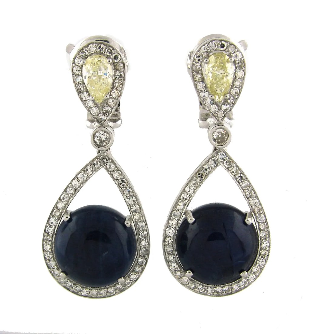 STUNNING 39.31 CTS CABOCHON BLUE SAPPHIRE 4.14 CTS DIAMOND WHITE GOLD EARRINGS: STUNNING 39.31 CTS CABOCHON BLUE SAPPHIRE 4.14 CTS DIAMOND WHITE GOLD EARRINGS Cabochon Sapphire Diamond White Gold Earrings Wonderful pair of earrings that is a great addition to your collection. Wei