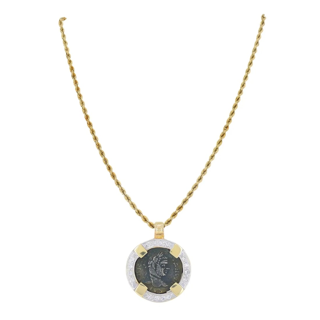 VINTAGE 14K GOLD DIAMOND ANCIENT COIN PENDANT NECKLACE: VINTAGE 14K GOLD DIAMOND ANCIENT COIN PENDANT NECKLACE KL TNTO This vintage coin pendant necklace centers on an authentic ancient Roman bronze coin dating to the Imperial Roman era, circa 1st–3rd ce