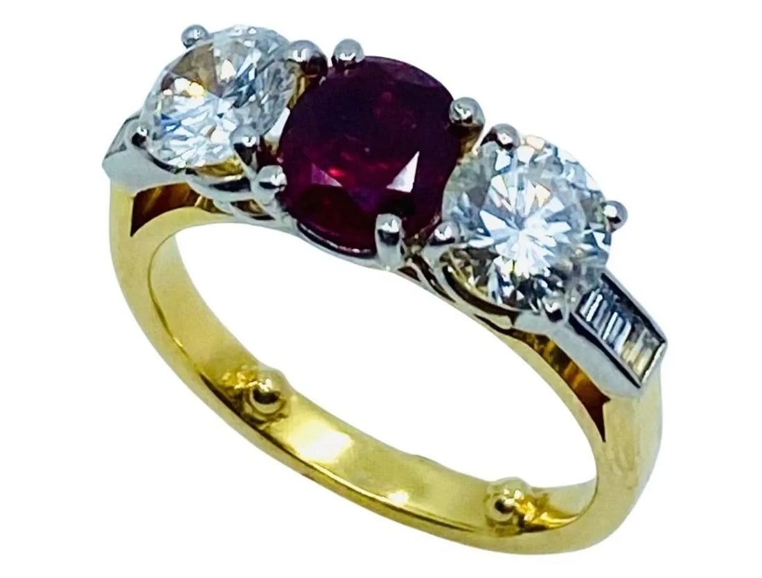 VINTAGE THREE STONE RING GOLD RUBY AND DIAMOND ENGAGEMENT (1 of 2)