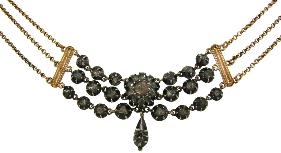 GEORGIAN DIAMOND SILVER YELLOW GOLD NECKLACE FRENCH 1830S DELICATE FEMININE: GEORGIAN DIAMOND SILVER YELLOW GOLD NECKLACE FRENCH 1830S DELICATE FEMININE Georgian Diamond Silver Yellow Gold Necklace, French. Beautiful Georgian diamond necklace created in France in the 1830's.. 