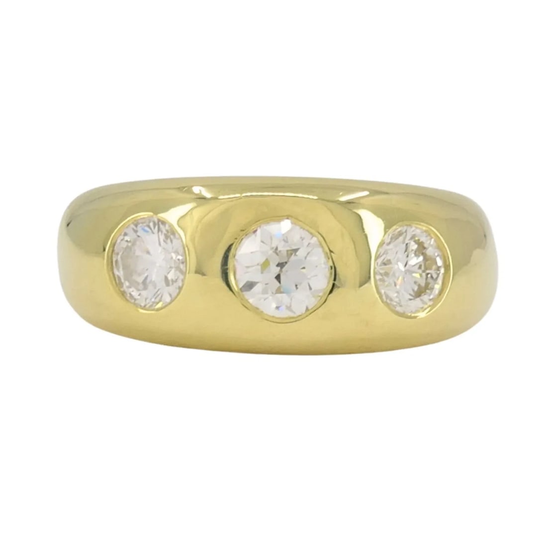 VINTAGE 18K YELLOW GOLD THREE STONE DIAMOND GYPSY RING: VINTAGE 18K YELLOW GOLD THREE STONE DIAMOND GYPSY RING KL TOOO This vintage 18k yellow gold three stone diamond ring reflects the traditional gypsy ring style, known for its solid construction and flu
