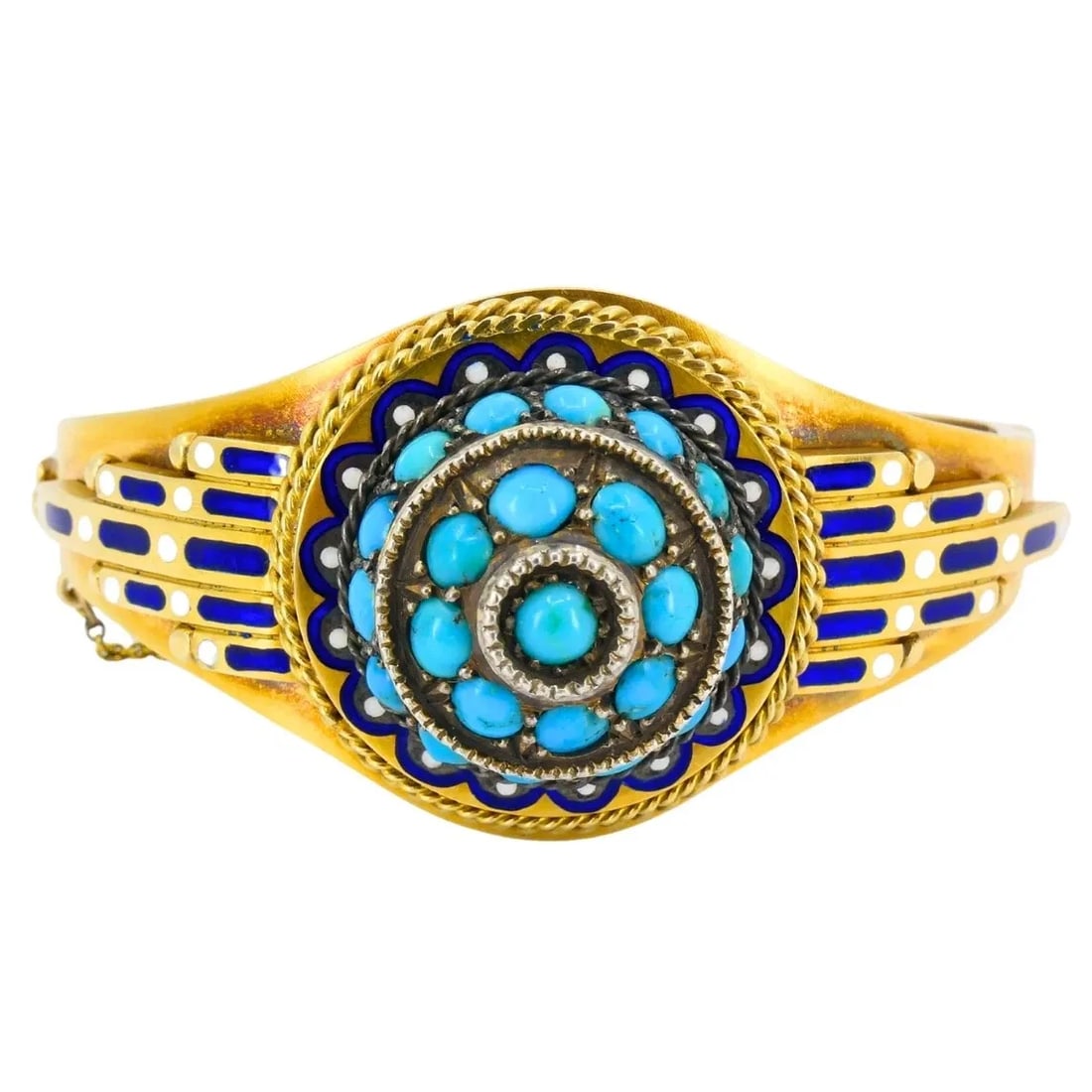 VINTAGE TURQUOISE BRACELET ENAMEL BANGLE 14K GOLD SILVER ACCENTS: VINTAGE TURQUOISE BRACELET ENAMEL BANGLE 14K GOLD SILVER ACCENTS A gorgeous vintage turquoise bracelet, made of 14k gold, featuring enamel and silver accents. The centerpiece features a circular arran