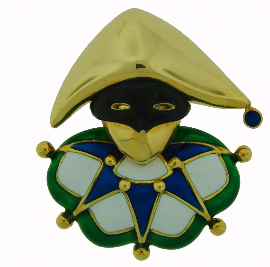 MAUBOUSSIN PARIS ENAMEL GOLD JESTER PIN BROOCH 1980S: MAUBOUSSIN PARIS ENAMEL GOLD JESTER PIN BROOCH 1980S MAUBOUSSIN Paris Enamel 18k Yellow Gold Jester Pin Fabulous decorative jester pin that will make a chic accent to your outfit. Created by Mauboussi