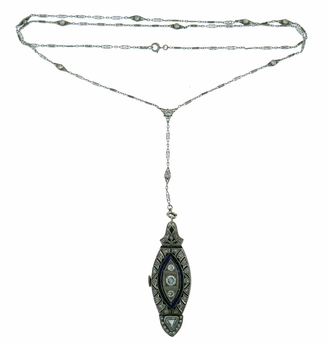 ART DECO PLATINUM DIAMOND WATCH PENDANT NECKLACE CHAIN ANTIQUE C.1925: ART DECO PLATINUM DIAMOND WATCH PENDANT NECKLACE CHAIN ANTIQUE C.1925 UNIQUE C.1925 ART DECO PLATINUM DIAMOND WATCH PENDANT CHAIN NECKLACE RARE WATCH SWISS 15 JEWELS THREE ADJUSTMENTS C.NICOLET WEIGHT
