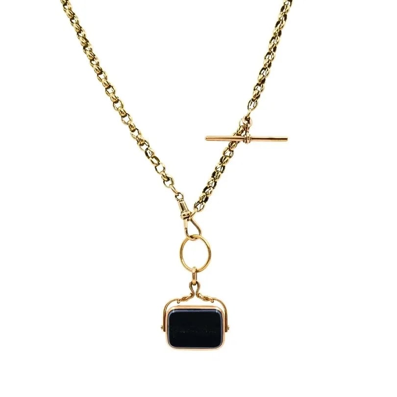 ANTIQUE 9K GOLD ALBERT CHAIN NECKLACE BLOODSTONE AGATE PENDANT: ANTIQUE 9K GOLD ALBERT CHAIN NECKLACE BLOODSTONE AGATE PENDANT Product details: Materials: 9K Gold Weight: Chain - 22 Grams; Pendant - 15.6 Grams Gemstone: Bloodstone, Agate Measurement: Pendant - 1" 