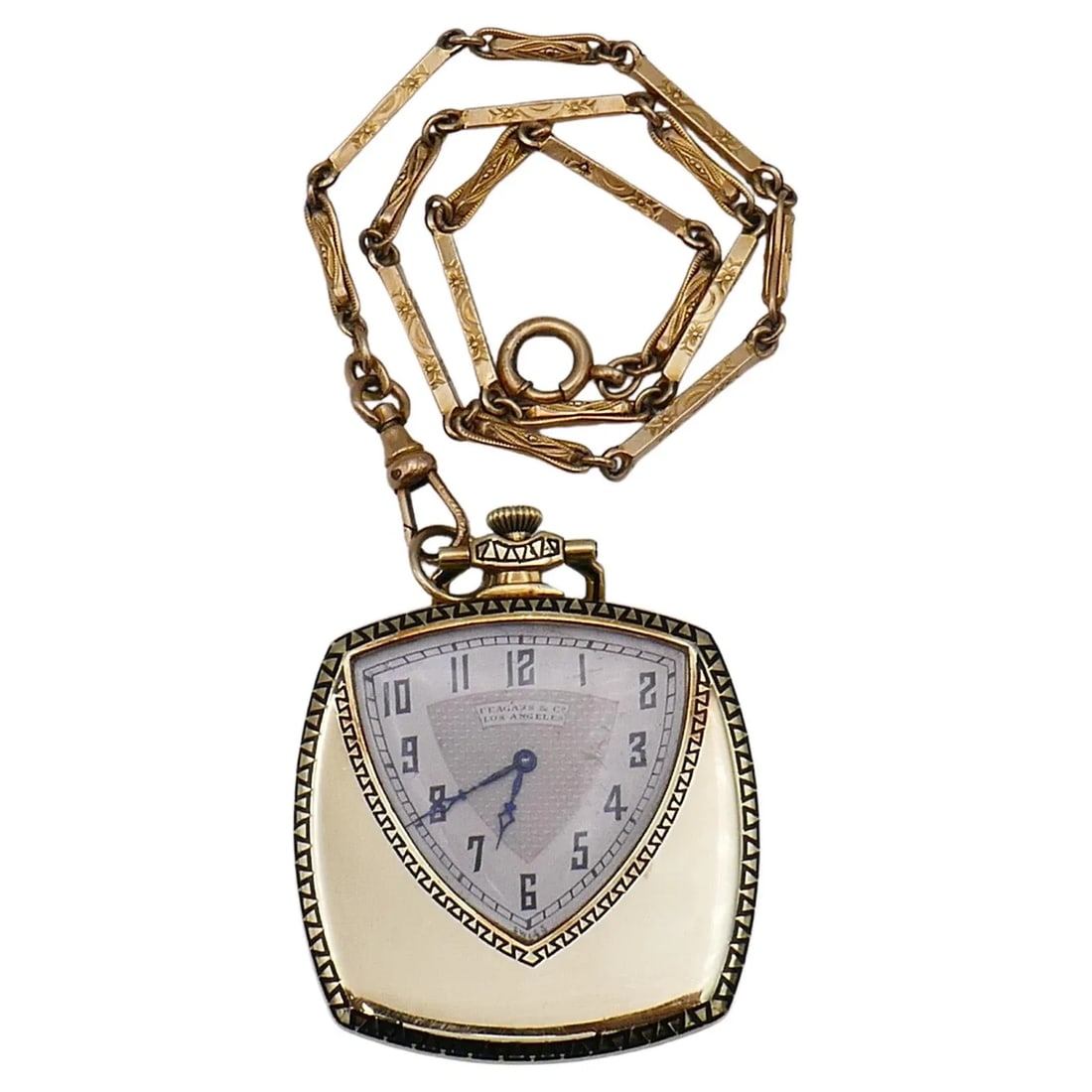 ART DECO POCKET WATCH PENDANT 14K GOLD: ART DECO POCKET WATCH PENDANT 14K GOLD Art Deco Pocket Watch Pendant 14k Gold A gorgeous Art Deco pocket watch made of 14k gold and enamel. The case is a rounded square shape with the rounded rectangu