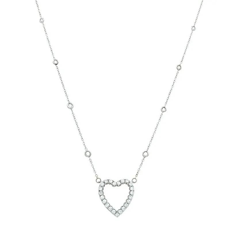 OPEN HEART DIAMOND NECKLACE PLATINUM CHAIN: OPEN HEART DIAMOND NECKLACE PLATINUM CHAIN Product details: DESIGNER: Unknown CIRCA: Late 20th Century MATERIALS: Platinum GEMSTONE: Round Brilliant Cut Diamond WEIGHT: 8.3 Grams MEASUREMENTS: Pendant