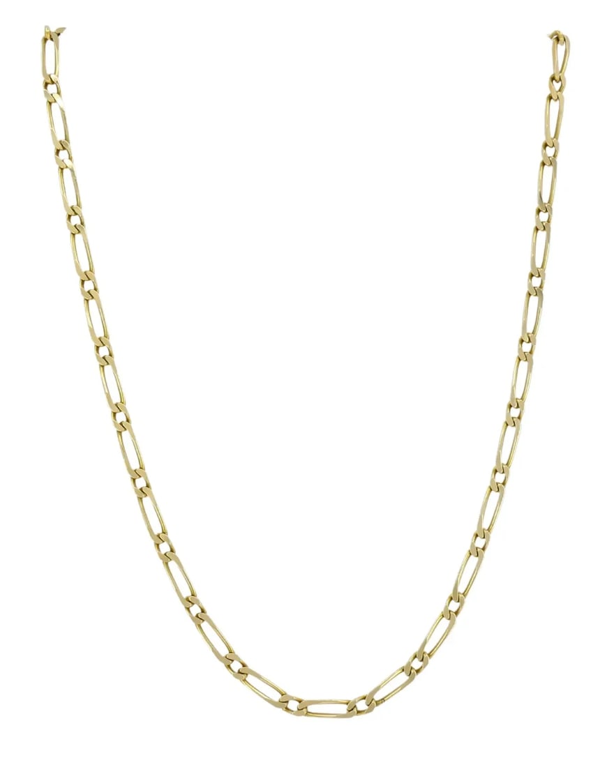 VINTAGE CHAIN NECKLACE FRENCH 18K GOLD FIGARO LINK: VINTAGE CHAIN NECKLACE FRENCH 18K GOLD FIGARO LINK NS AOOO Vintage Chain Necklace French 18k Gold Figaro Link This vintage French gold necklace is crafted in 18k yellow gold and features a classic cha