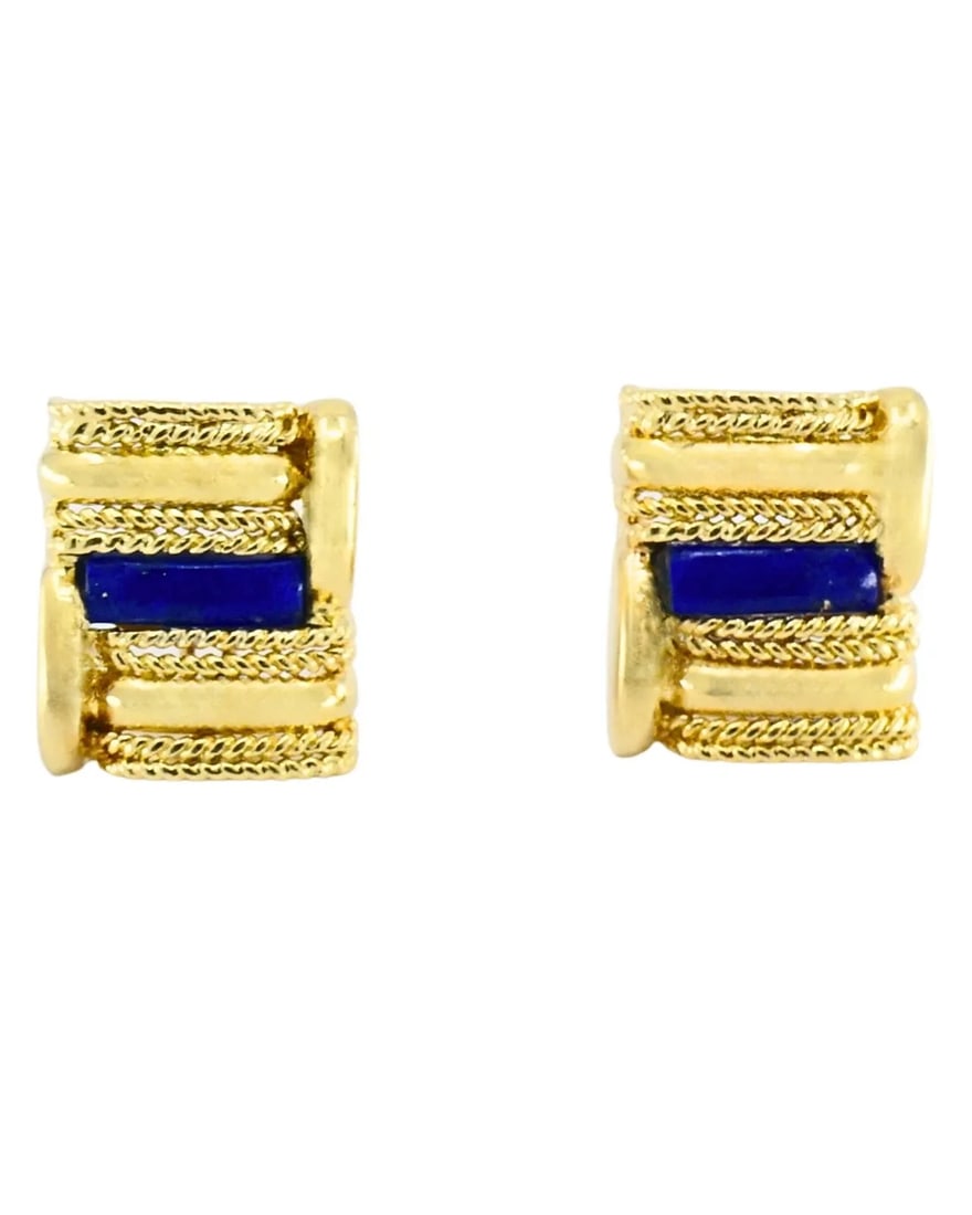 VINTAGE ALDO CIPULLO FOR CARTIER 18 GOLD EARRINGS LAPIS LAZULI: VINTAGE ALDO CIPULLO FOR CARTIER 18 GOLD EARRINGS LAPIS LAZULI NS AOOO A pair of vintage Aldo Cipullo for Cartier earrings, circa 1972, made of 18k gold and lapis lazuli. The earrings feature a distin