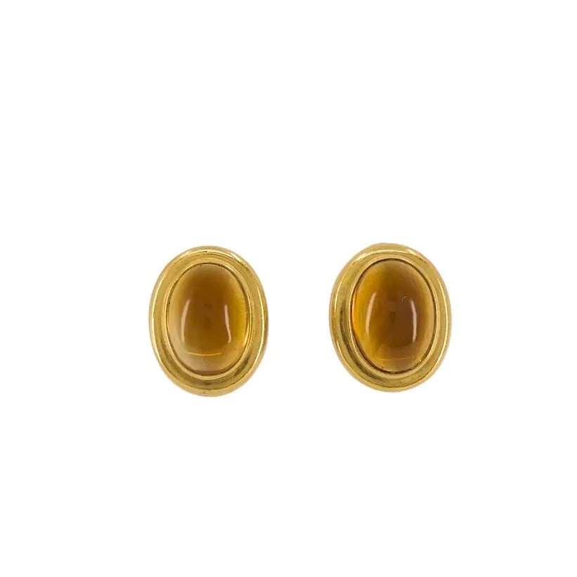 BVLGARI BULGARI CITRINE CABOCHON EARRINGS 18K GOLD: BVLGARI BULGARI CITRINE CABOCHON EARRINGS 18K GOLD NS UEOO Bvlgari Bulgari Citrine Cabochon Earrings 18k Gold Each earring features an oval-shaped cabochon citrine set in a smooth gold bezel. The citr