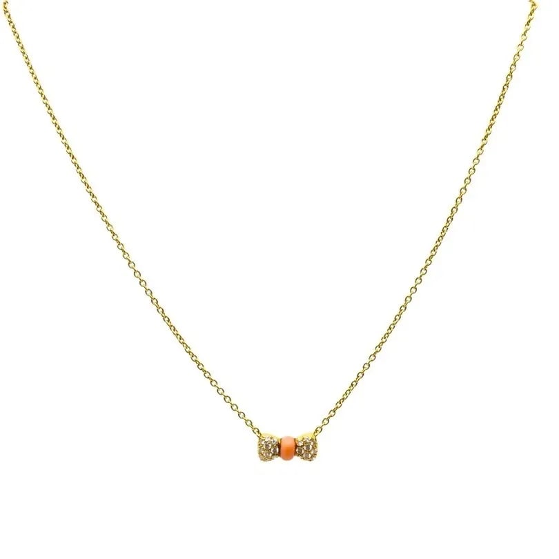VAN CLEEF & ARPELS NECKLACE 18K GOLD CORAL DIAMOND BOW PENDANT: VAN CLEEF & ARPELS NECKLACE 18K GOLD CORAL DIAMOND BOW PENDANT DESIGNER: Van Cleef & Arpels CIRCA: 1980’s MATERIALS: 18k Yellow Gold GEMSTONE: Coral, Round Brilliant Cut Diamond WEIGHT: 5.6 grams ME