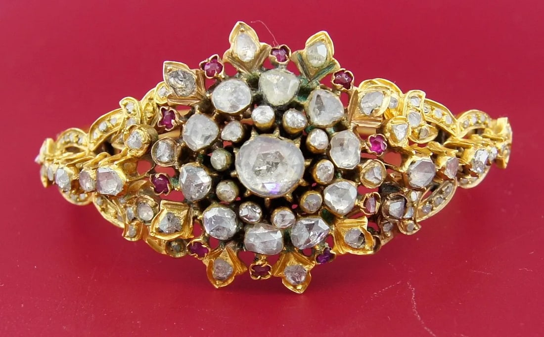VICTORIAN ROSE CUT DIAMOND RUBY YELLOW GOLD BANGLE BRACELET UNIQUE GORGEOUS: VICTORIAN ROSE CUT DIAMOND RUBY YELLOW GOLD BANGLE BRACELET UNIQUE GORGEOUS Gorgeous Victorian Rose Cut Diamond, Ruby & Yellow Gold Bracelet Europe… late 19th Century – early 20th Century… Beaut