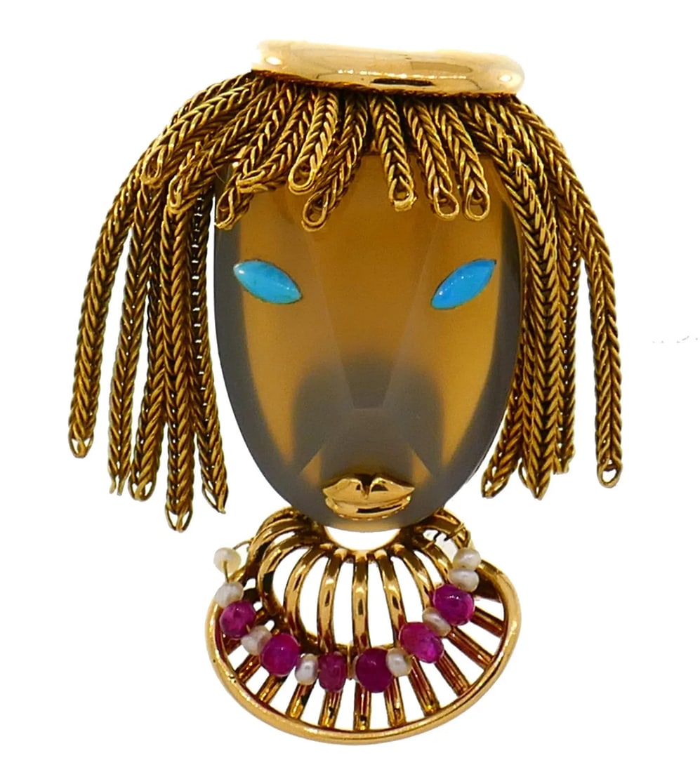 ANDRE COL RUBY TURQUOISE PEARL GOLD BROOCH PIN CLIP FRENCH CUTE GIRL: ANDRE COL RUBY TURQUOISE PEARL GOLD BROOCH PIN CLIP FRENCH CUTE GIRL ANDRE COL Ruby Turquoise Seed Pearl 18k Yellow Gold Brooch, France Fun and chic pin depicting a woman wearing a necklace and a chic
