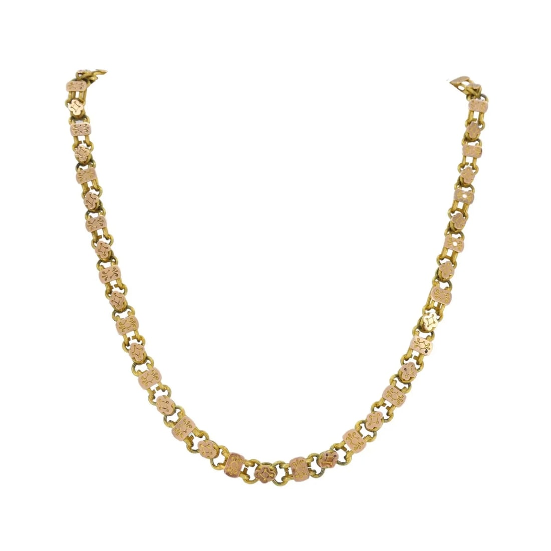 ANTIQUE VICTORIAN 14K TWO-TONE GOLD ORNATE LINK CHAIN NECKLACE: ANTIQUE VICTORIAN 14K TWO-TONE GOLD ORNATE LINK CHAIN NECKLACE KL JRTO This elegant Victorian-era necklace is crafted in solid 14K gold and features a refined decorative link design with alternating y