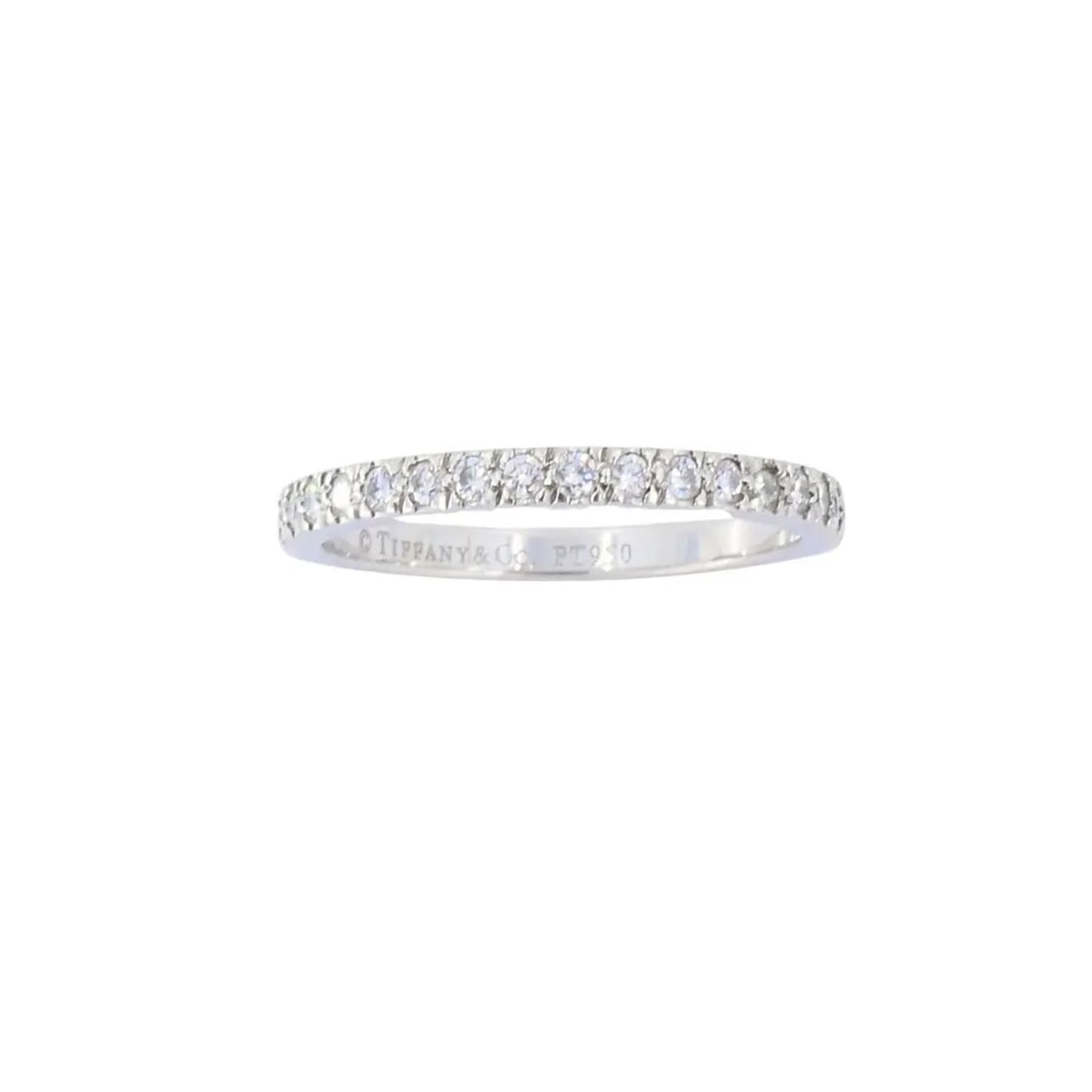 VINTAGE TIFFANY & CO. DIAMOND BAND PLATINUM SIZE 5.5 (51): VINTAGE TIFFANY & CO. DIAMOND BAND PLATINUM SIZE 5.5 (51) Vintage Tiffany & Co. Diamond Band Platinum Size 5.5 (51) This classic Tiffany & Co. band ring is made of platinum and set with a row of round