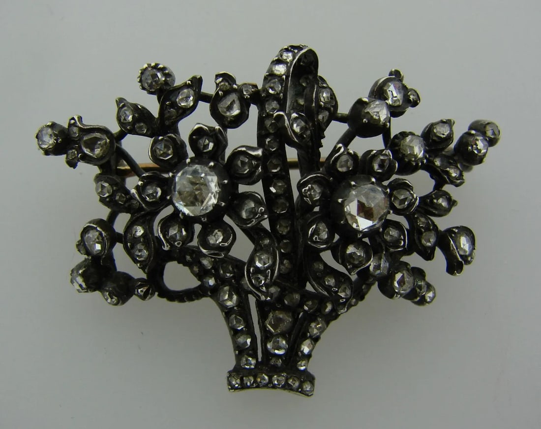 1800S GEORGIAN DIAMOND GOLD SILVER FLOWER BASKET BROOCH PIN PENDANT ADORABLE (1 of 2)