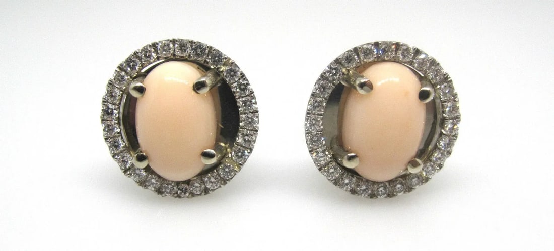 SOPHISTICATED NAPOLITANO PINK CORAL DIAMOND WHITE GOLD POST AND CLIP-ON EARRINGS: SOPHISTICATED NAPOLITANO PINK CORAL DIAMOND WHITE GOLD POST AND CLIP-ON EARRINGS Sophisticated Napolitano Pink Coral & Diamond 14k White Gold Post & Clip-On Earrings The two beautifully toned oval sto