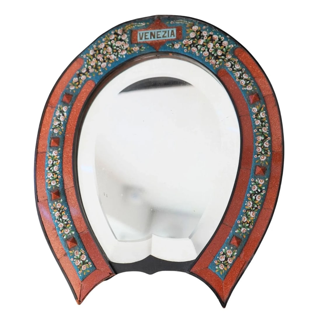 ANTIQUE 1900S ITALIAN MICRO MOSAIC HORSESHOE MIRROR STAND W/ BOX: ANTIQUE 1900S ITALIAN MICRO MOSAIC HORSESHOE MIRROR STAND W/ BOX KL JUOO Antique 1900s Italian Micro Mosaic Horseshoe Mirror Stand w/ Box Featuring floral motif using macro mosaic technique set in woo