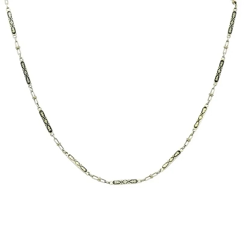 14K WHITE GOLD CHAIN NECKLACE BLACK ENAMEL: 14K WHITE GOLD CHAIN NECKLACE BLACK ENAMEL DESIGNER: Unknown CIRCA: 1900s MATERIALS: 14k Gold, Enamel WEIGHT: 11.4 Grams MEASUREMENTS: 16 1/2" x 1/8" HALLMARKS: 14K ITEM DETAILS: 14k White Gold Chain 