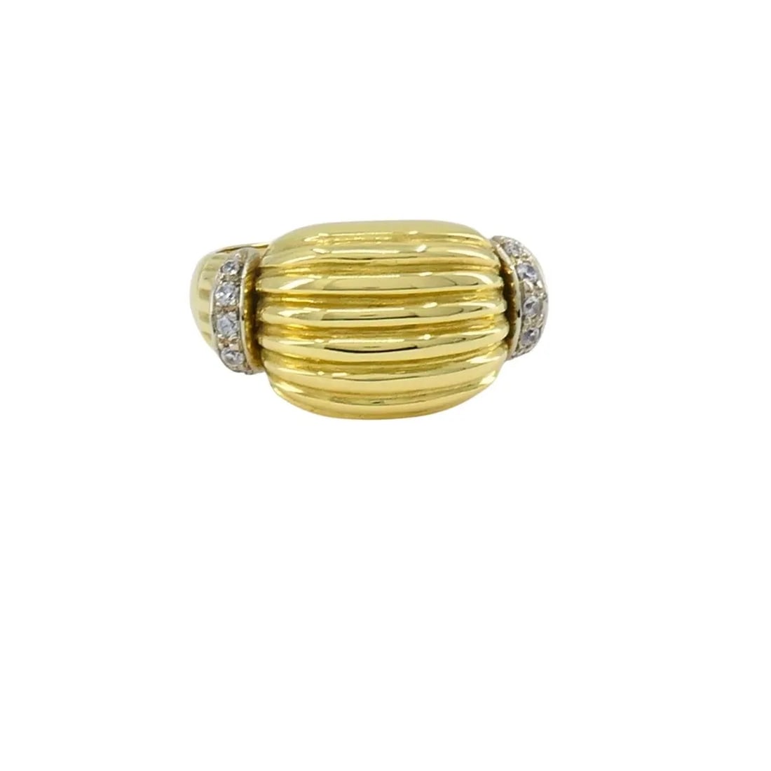 VINTAGE GOLD RING DIAMOND FRENCH JEWELRY DOME RING: VINTAGE GOLD RING DIAMOND FRENCH JEWELRY DOME RING This vintage French ring is made from 18k yellow and white gold and has a bold, structured look. The front of the band features a domed section of ra
