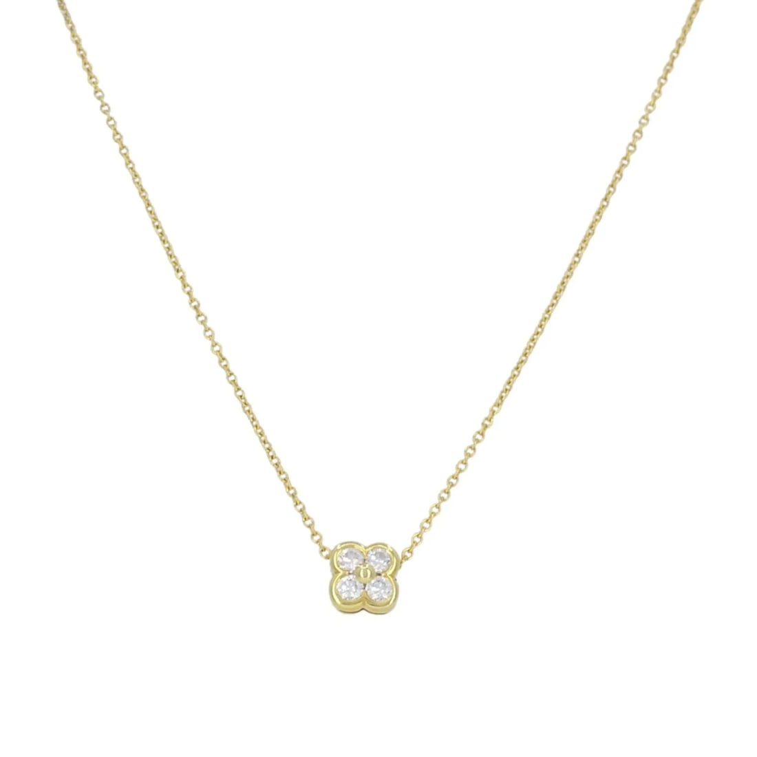 TIFFANY & CO. 18K GOLD DIAMOND CLOVER FLOWER PENDANT NECKLACE: Tiffany & Co. 18k Gold Diamond Clover Flower Pendant Necklace KL JJOO This Tiffany & Co. diamond flower pendant necklace is crafted in 18k yellow gold and features a refined floral motif suspended alo