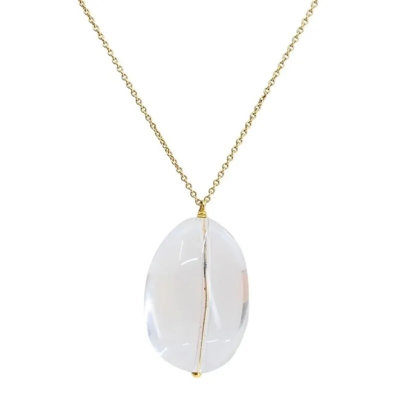 CRYSTAL ROCK PENDANT 18K GOLD CHAIN NECKLACE: CRYSTAL ROCK PENDANT 18K GOLD CHAIN NECKLACE DESIGNER: Unknown CIRCA: 21st Century MATERIALS: 18k Gold GEMSTONE: Crystal Quartz WEIGHT: 34.5 Grams MEASUREMENTS: The Chain - 34.5”; The Pendant - 