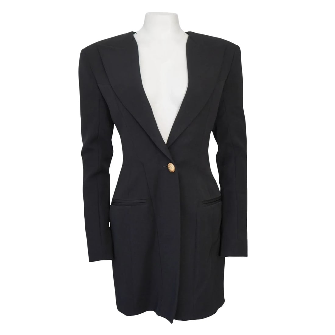 BALMAIN BLACK WOOL SINGLE BREASTED BLAZER MINI DRESS: BALMAIN BLACK WOOL SINGLE BREASTED BLAZER MINI DRESS KL Black single button suit dress - padded shoulders Size 40 Bust 34" Waist 31" Hips 40" Length 34" Back zip closure - faux front button Button sle