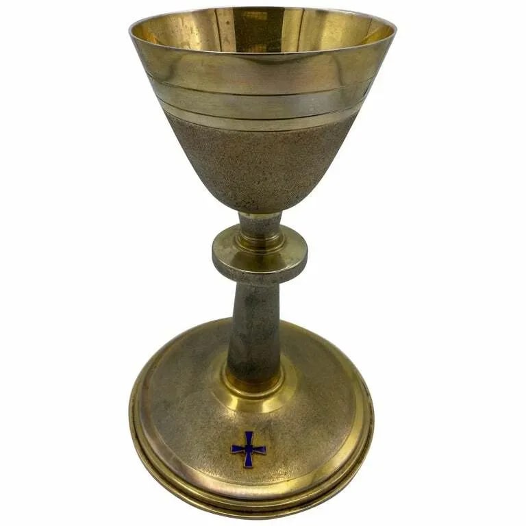 ANTIQUE SILVER CHALICE CUP WITH BLUE ENAMEL: ANTIQUE SILVER CHALICE CUP WITH BLUE ENAMEL ANTIQUE SILVER CHALICE CUP WITH BLUE ENAMEL The cup is made out of continental 800 silver with gold overlay and blue enamel detail, featuring circa 1900's. 