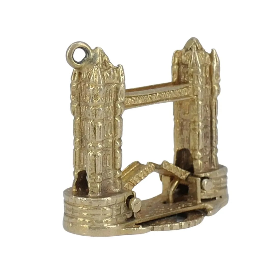 VINTAGE LONDON BRIDGE MECHANICAL 9K YELLOW GOLD CHARM PENDANT: Vintage London Bridge Mechanical 9k Yellow Gold Charm Pendant KL ETO This vintage London Tower Bridge mechanical charm pendant is crafted in 9k yellow gold and bears clear British hallmarks, including