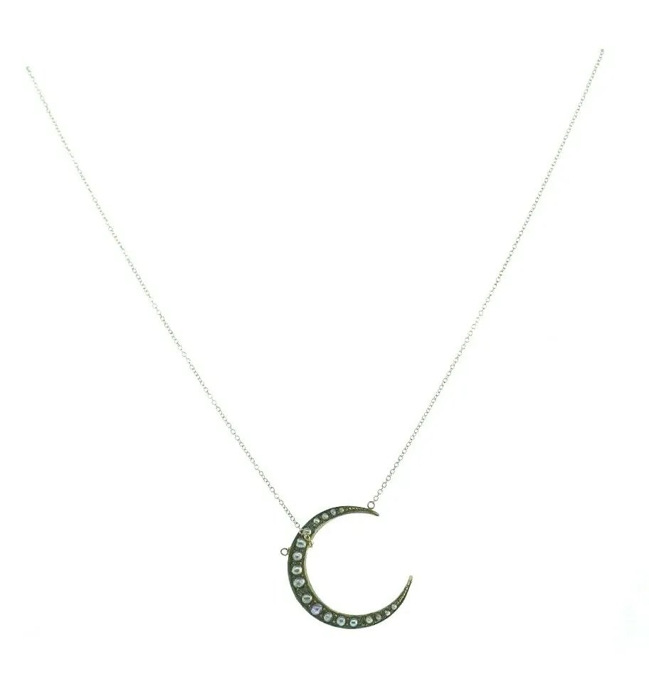 VICTORIAN 14K ROSE GOLD & SEED PEARL CRESCENT MOON NECKLACE CIRCA 1900S: VICTORIAN 14K ROSE GOLD & SEED PEARL CRESCENT MOON NECKLACE CIRCA 1900S 14k Rose Gold & Seed Pearl Crescent Moon Necklace Victorian Circa 1900s This is a must for a collector. The weight is 2.75 grams