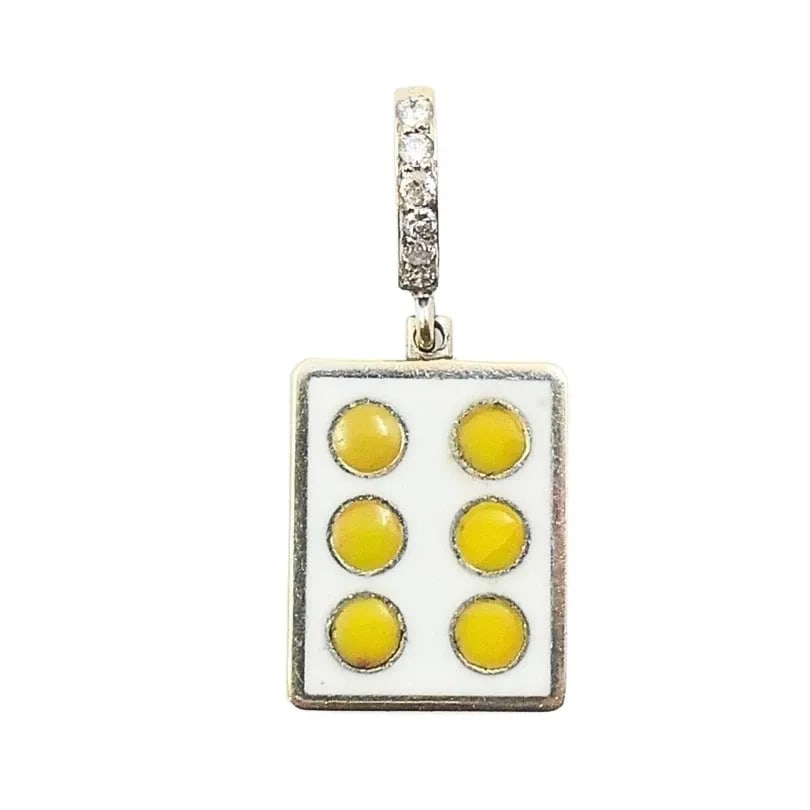 VINTAGE 12K GOLD DOMINO SIX CHARM PAVÉ DIAMOND BAIL: VINTAGE 12K GOLD DOMINO SIX CHARM PAVÉ DIAMOND BAIL MATERIALS 12k Gold, Enamel WEIGHT 2.6 Grams MEASUREMENTS 7/16" x 9/16" ITEM DETAILS Vintage 12k Gold Domino Six Charm Pavé Diamond Bail This vinta