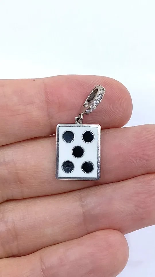 VINTAGE 12K GOLD DOMINO FIVE CHARM PAVÉ DIAMOND BAIL: VINTAGE 12K GOLD DOMINO FIVE CHARM PAVÉ DIAMOND BAIL MATERIALS 12k Gold, Enamel WEIGHT 2.5 Grams MEASUREMENTS 7/16" x 9/16" ITEM DETAILS Vintage 12k Gold Domino Five Charm Pavé Diamond Bail This vin