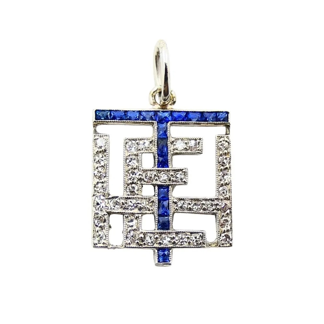 ANTIQUE PLATINUM DIAMOND SAPPHIRE GEOMETRIC PENDANT CHARM: Antique Platinum Diamond Sapphire Geometric Pendant Charm ES ITO Product details: MATERIALS: Platinum GEMSTONE: Diamond, Sapphire WEIGHT: 1.7 Grams MEASUREMENTS: 1/2" x 1/2" ITEM DETAILS: Antique Plat