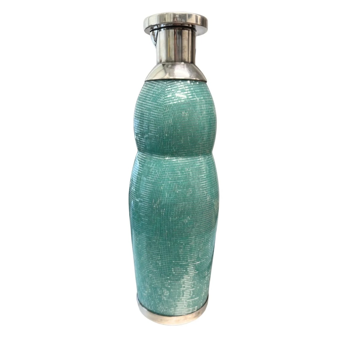POMELLATO STERLING SILVER THERMOS WITH BLUE RHODOID, ITALY CIRCA 2000: POMELLATO STERLING SILVER THERMOS WITH BLUE RHODOID, ITALY CIRCA 2000 KL TOO Italy, c. 2000 Rhodoid plastic, sterling silver, glass liner 11.75 h x 3.75 dia in (30 x 10 cm) Has bottom compartment to a