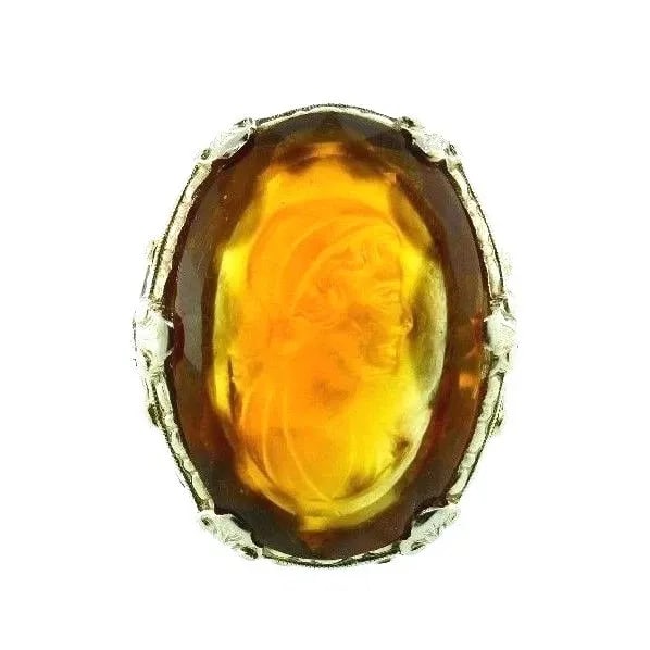 VICTORIAN 14K WHITE GOLD & CARVED CITRINE CAMEO RING CIRCA 1900S: VICTORIAN 14K WHITE GOLD & CARVED CITRINE CAMEO RING CIRCA 1900S 14k White Gold & Carved Citrine Cameo Ring Victorian Circa 1900s This is a must for a collector. The weight is 6.7 grams. The length is