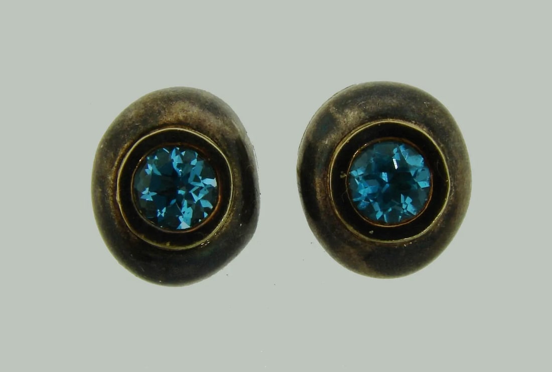 LOVELY BLUE TOPAZ SILVER YELLOW GOLD STUD EARRINGS STUDS SIGNED UNUSUAL CHIC (1 of 2)