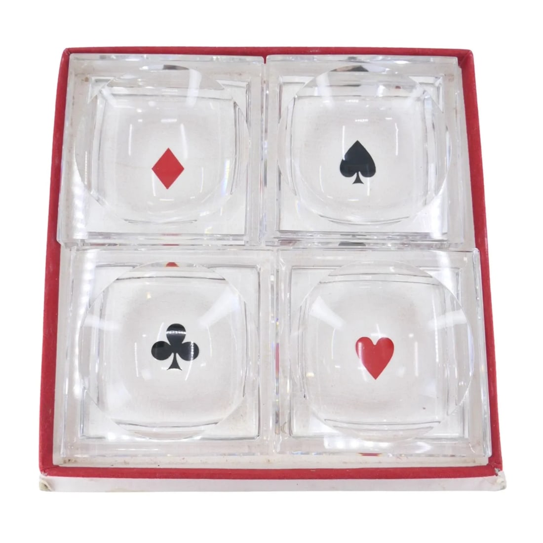BACCARAT FRANCE CRYSTAL GLASS PLAYING CARD TRINKET ASH TRAYS: BACCARAT FRANCE CRYSTAL GLASS PLAYING CARD TRINKET ASH TRAYS KL UTO 4 square crystal ashtrays or trinket trays from Maison Baccarat. Decorated with the colors of a deck of cards. Each measuring 2 3/8"