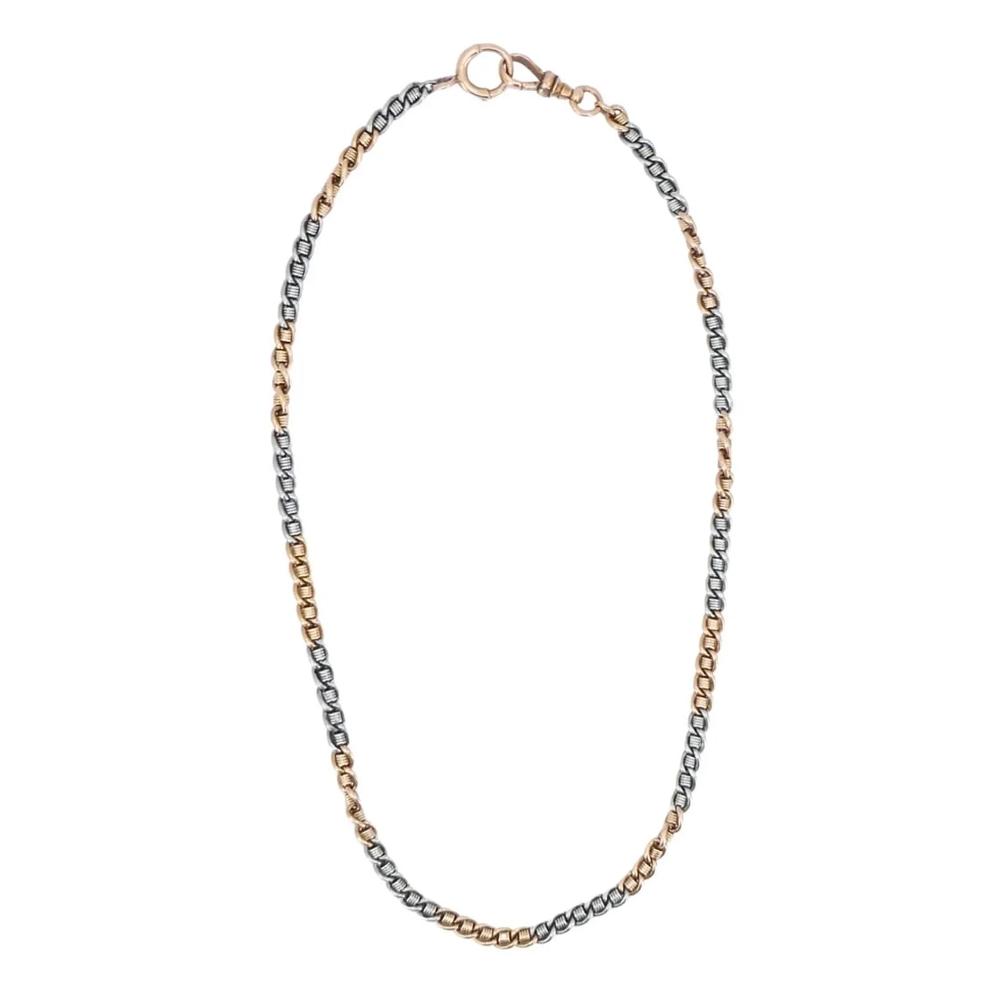 VINTAGE 14K ROSE GOLD PLATINUM WATCH CHAIN NECKLACE: VINTAGE 14K ROSE GOLD PLATINUM WATCH CHAIN NECKLACE An Edwardian necklace, crafted in 14k rose gold and platinum, circa 1905–1915. This elegant chain showcases a refined alternating-link design, com