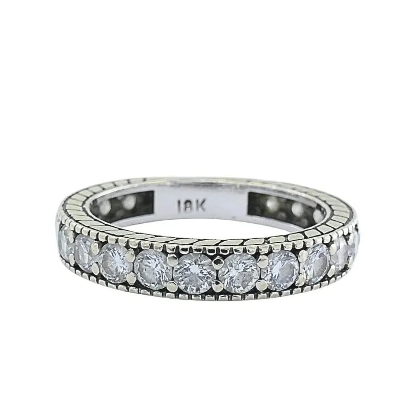18K WHITE GOLD DIAMOND ETERNITY BAND RING: 18K WHITE GOLD DIAMOND ETERNITY BAND RING MATERIALS 18K Gold GEMSTONE Diamond WEIGHT 3.2 Grams RING SIZE 6 HALLMARKS 18K ITEM DETAILS 18k White Gold Diamond Eternity Band Ring This 18k gold diamond et