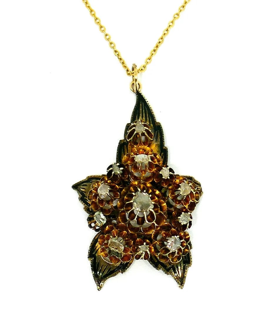 ANTIQUE 14K YELLOW GOLD DIAMOND ENAMEL FLOWER PENDANT CHAIN NECKLACE: ANTIQUE 14K YELLOW GOLD DIAMOND ENAMEL FLOWER PENDANT CHAIN NECKLACE Antique 14k Yellow Gold Diamond Enamel Flower Pendant with a Chain Necklace Features 12 rose cut diamonds. The chain is made of 10k