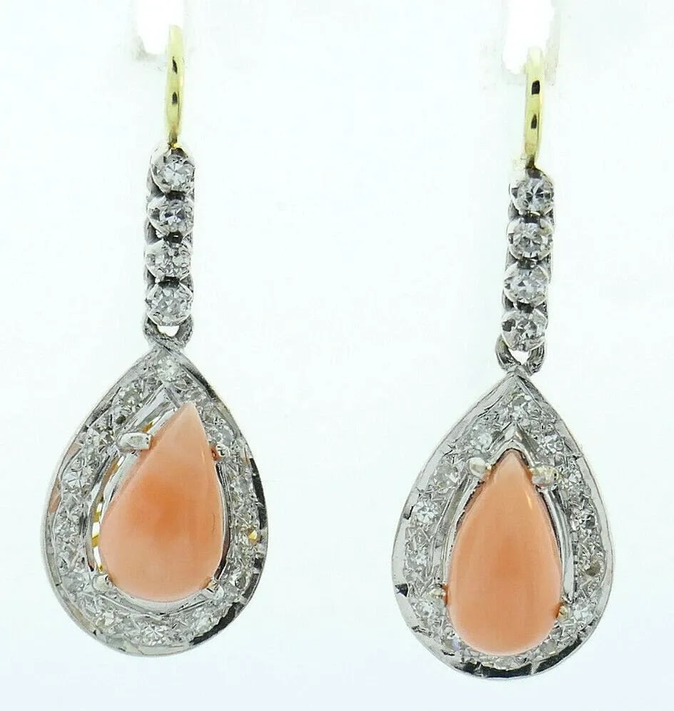 VINTAGE 14K WHITE AND YELLOW GOLD PINK CORAL AND DIAMOND DANGLE DROP EARRINGS: VINTAGE 14K WHITE AND YELLOW GOLD PINK CORAL AND DIAMOND DANGLE DROP EARRINGS VINTAGE 14K WHITE AND YELLOW GOLD PINK CORAL AND DIAMOND DANGLE DROP EARRINGS Vintage 14k White and Yellow Gold Pink Coral