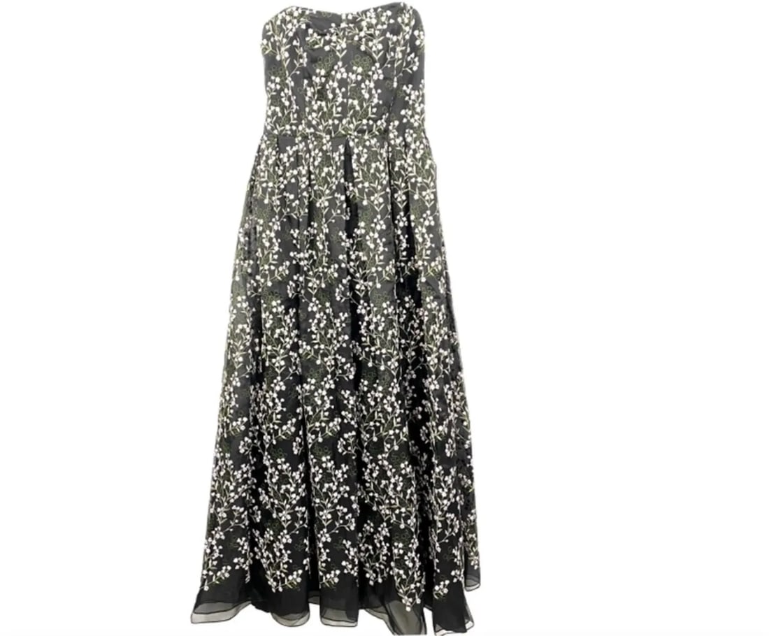 ERDEM BLACK SILK AND FLORAL PATTERN EVENING DRESS SIZE 8 (1 of 2)