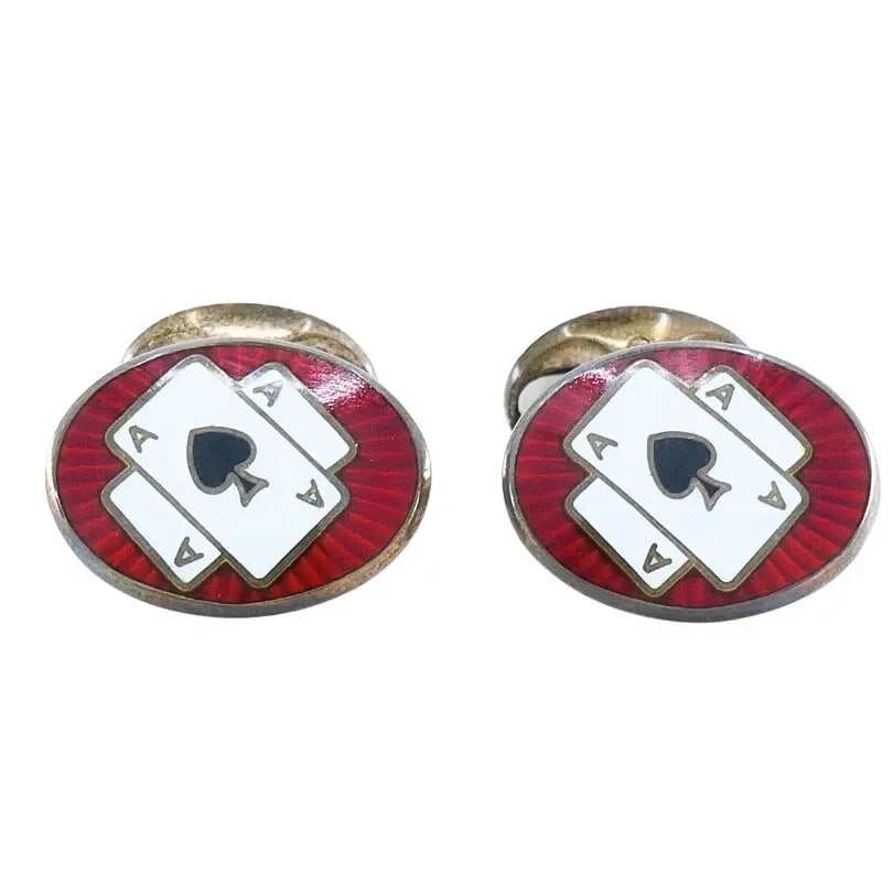 DEAKIN & FRANCIS SILVER CUFFLINKS ENAMEL ACE OF SPADES: DEAKIN & FRANCIS SILVER CUFFLINKS ENAMEL ACE OF SPADES Product details: DESIGNER: Deakin & Francis CIRCA: 1980’s MATERIALS: 925 Silver, Enamel WEIGHT: 16 Grams MEASUREMENTS: 1/2" x 3/4" Length - 1" 