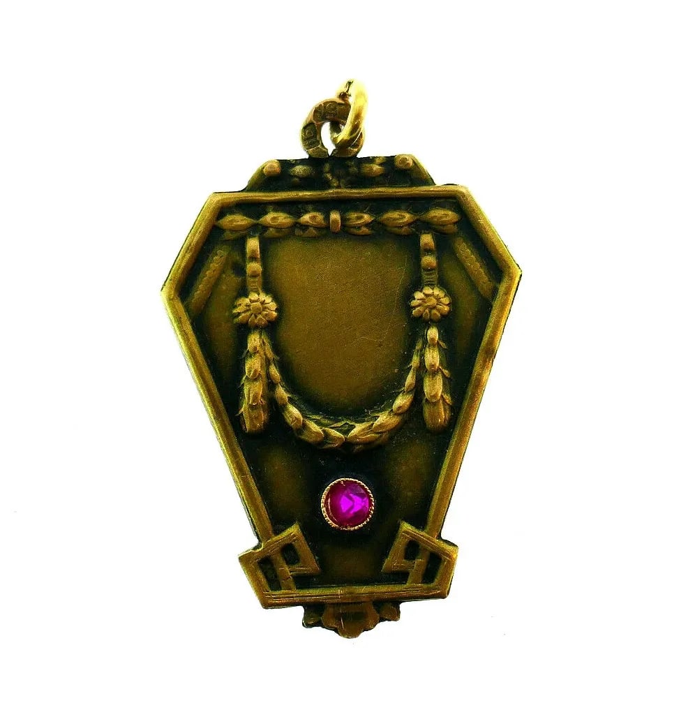ANTIQUE RUSSIAN 14K YELLOW GOLD RUBY OCTAGON SHAPE CHARM PENDANT (1 of 2)