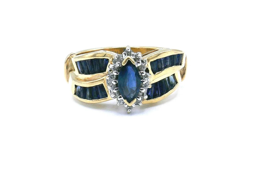 14K YELLOW GOLD MARQUISE SAPPHIRE DIAMOND TURBAN RING: Nadine Krakov Collection Fine Jewelry, Arts & Antiques 9454 Wilshire Blvd Beverly Hills, CA NS IOO 14k Yellow Gold Marquise Sapphire Diamond Turban Ring Stamped with a hallmark for 14 karat. Measureme