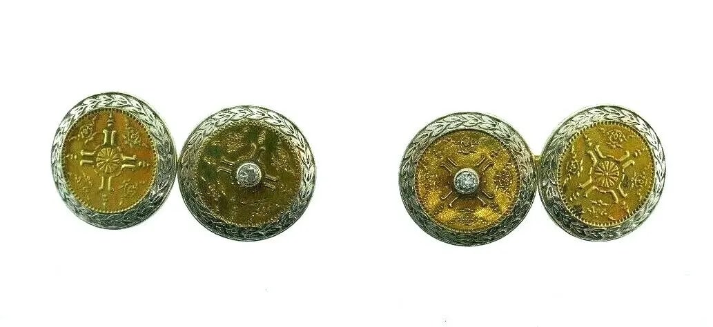 ANTIQUE 14K TWO TONE GOLD & DIAMOND CUFFLINKS CIRCA 1900S: ANTIQUE 14K TWO TONE GOLD & DIAMOND CUFFLINKS CIRCA 1900S Antique 14k Two Tone Gold & Diamond Cufflinks Circa 1900s This is a must for a collector. The weight is 5.5 grams. The length of each circular